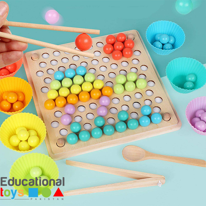 Wooden Montessori Bead Holder Comes with 1 x Wooden Bead Holder Board, 1 x  Wooden Tong, 1 x Wooden Spoon, 2 x Wooden Sticks, 5 x Picture Cards, 7 x, By EducationalToys.pk